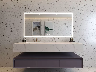 Modern Bathroom Vanity With Backlit Mirror Two Paintings Marble Countertop And Speckled Wall 3d model