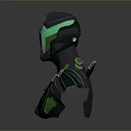Sci Fi Game Movie Character Bust With Futuristic Black Green Armor And Glowing Blue Accents