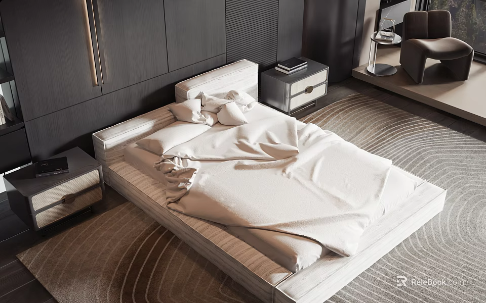 Modern Double Bed With White Bedding Wooden Frame Nightstands And Carpet On Dark Wall 3d model 
