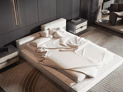 Modern Double Bed With White Bedding Wooden Frame Nightstands And Carpet On Dark Wall 3d model