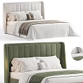 Double Bed With Tufted Headboard Green White Bedding And Soft Pillows 3d model