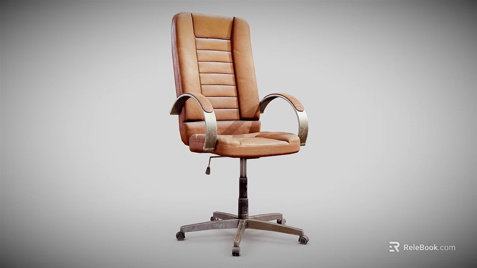 Elegant Brown Leather Office Chair with Striped Backrest Armrests Swivel Wheels and Metal Base 3d model 
