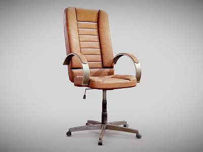 Elegant Brown Leather Office Chair with Striped Backrest Armrests Swivel Wheels and Metal Base 3d model