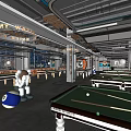 Modern Billiard Room Interior With Multiple Pool Tables Neon Lights And Comfortable Seats