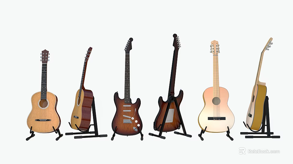 Different Types of Acoustic and Electric Guitars Arranged in a Row on Stands 3d model 
