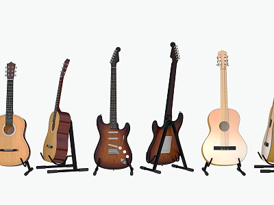 Different Types of Acoustic and Electric Guitars Arranged in a Row on Stands 3d model
