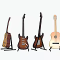 Different Types of Acoustic and Electric Guitars Arranged in a Row on Stands