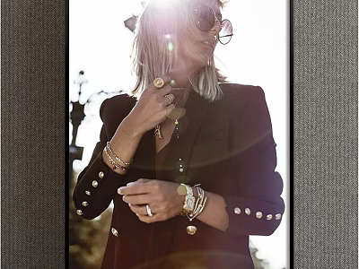 Stylish Blonde Woman In Dark Blazer With Gold Buttons Sunglasses And Accessories Under Sunlight Flare 3d model