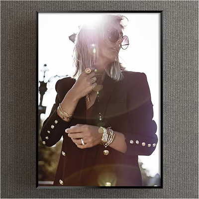 Stylish Blonde Woman In Dark Blazer With Gold Buttons Sunglasses And Accessories Under Sunlight Flare 3d model