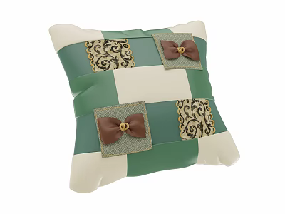 Green and White Checkered Pillow With Brown Bows and Ornate Patterns 3d model