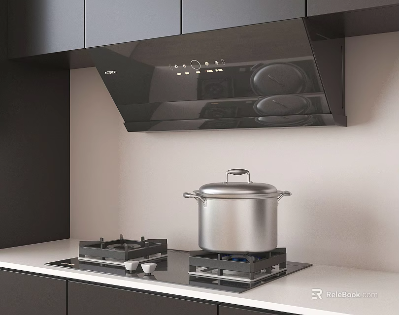 Modern Kitchen Cookware With Black Cabinets Range Hood And Stainless Steel Pot On Gas Stove 3d model 