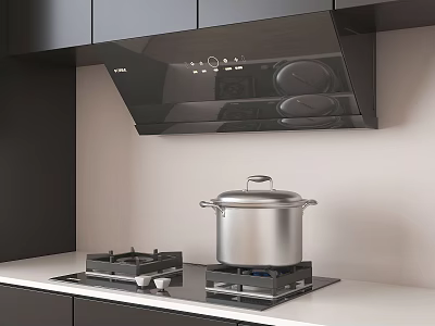 Modern Kitchen Cookware With Black Cabinets Range Hood And Stainless Steel Pot On Gas Stove 3d model