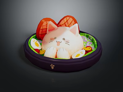Cute Cat Shaped Food Plated On Purple Dish With Sliced Tomato Boiled Egg And Toppings 3d model