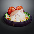 Cute Cat Shaped Food Plated On Purple Dish With Sliced Tomato Boiled Egg And Toppings