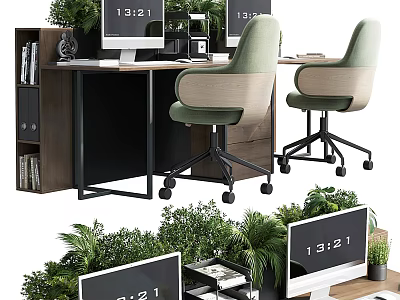 Modern Office Desk Interior With Ergonomic Chairs Computer Monitors And Green Plants 3d model