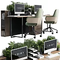 Modern Office Desk Interior With Ergonomic Chairs Computer Monitors And Green Plants