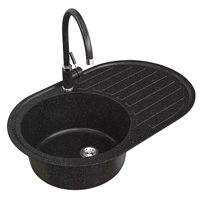 Black Granite Kitchen Sink With Single Bowl Drainer Board And Faucet 3d model