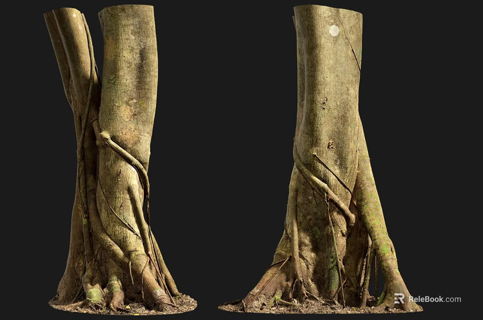 Natural Stone Wood Tree Trunks With Intricate Roots And Textured Bark 3d model 