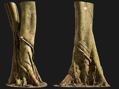 Natural Stone Wood Tree Trunks With Intricate Roots And Textured Bark 3d model