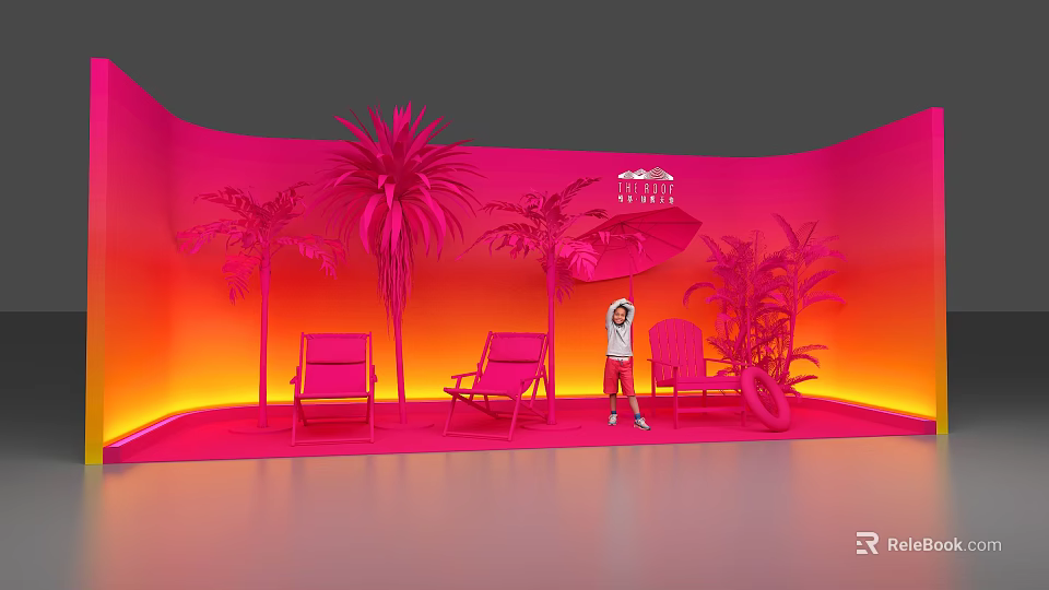 Vibrant Pink Scenic Setup With Palm Trees Deck Chairs And Person Standing 3d model 