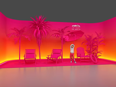 Vibrant Pink Scenic Setup With Palm Trees Deck Chairs And Person Standing 3d model