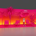 Vibrant Pink Scenic Setup With Palm Trees Deck Chairs And Person Standing