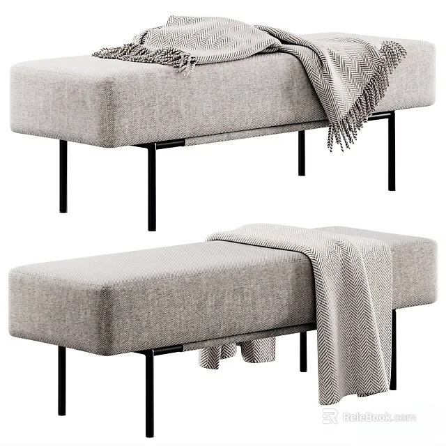 Gray Upholstered Sofa Bench With Black Metal Legs And Cozy Blanket 3d model 