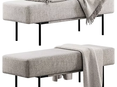 Gray Upholstered Sofa Bench With Black Metal Legs And Cozy Blanket 3d model