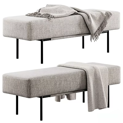 Gray Upholstered Sofa Bench With Black Metal Legs And Cozy Blanket 3d model