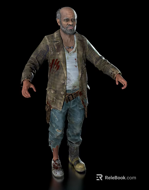 Zombie Man in Tattered Jacket Ripped Jeans and Blood Stains Horror Character 3d model 