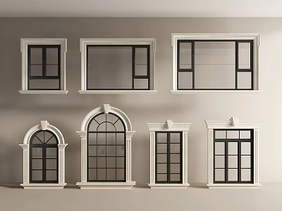 Stylish Casement Windows In Different Designs With White Frames And Black Panes 3d model