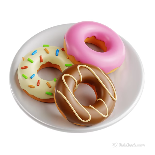 Three Delicious Donuts With Pink Glaze Colorful Sprinkles And Chocolate Drizzle On White Plate 3d model 