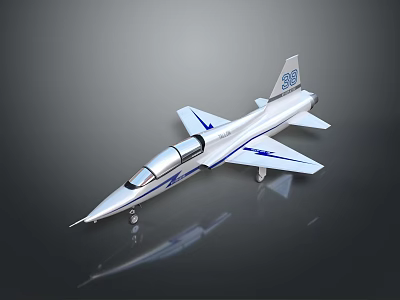 Silver Fighter Jet Model With Blue Stripes On Reflective Dark Background 3d model