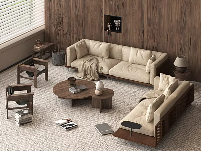 Modern Beige Sofa And Wooden Coffee Table Set With Side Tables Rug And Cushions 3d model
