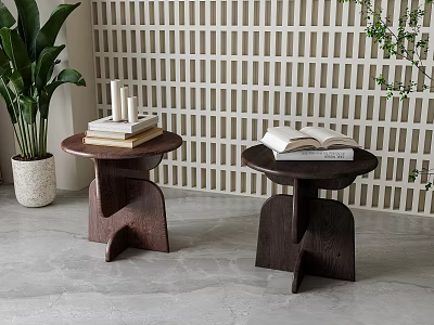 Wooden Side Tables With Unique Base Design Featuring Books And Candles In Indoor Grid Backdrop 3d model