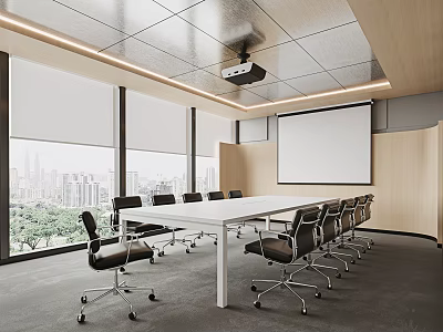 Modern Conference Room With Large Windows Projector Whiteboard Long Table Black Chairs And City View 3d model