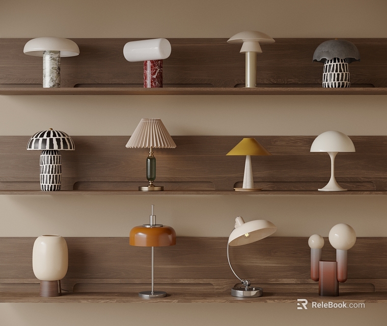 Modern Table Lamps Displayed On Wooden Shelves With Various Designs Colors And Shapes 3d model 