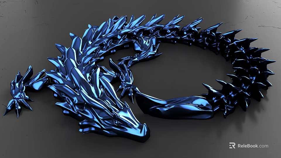Blue Metallic Dragon Sculpture With Intricate Spiked Scales And Curved Form 3d model 