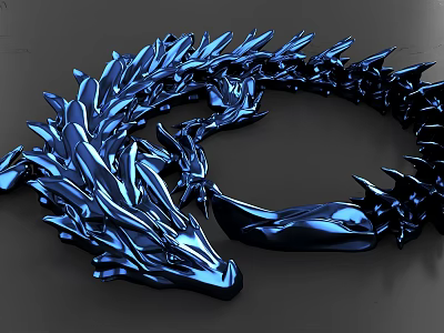 Blue Metallic Dragon Sculpture With Intricate Spiked Scales And Curved Form 3d model