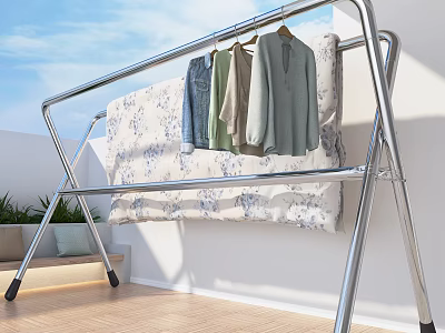 Metal Clothes Drying Rack With Hanging Shirts Jeans And Floral Blanket On Balcony 3d model