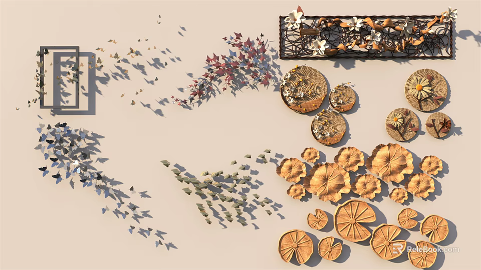 Creative Wall Decor Collection Featuring Leaf Shapes Circular Designs and Metal Frames 3d model