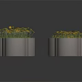 Yellow Flowers In Multiple Gray Cylindrical Planters Arranged On Dark Background