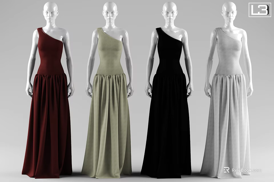 Fashion Models Wearing Stylish One Shoulder Long Dresses in Various Colors 3d model 