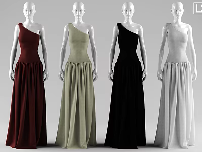 Fashion Models Wearing Stylish One Shoulder Long Dresses in Various Colors 3d model