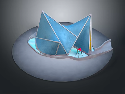 Modern Red Chair In Blue Geometric Glass Structure With Transparent Panels Design 3d model