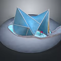 Modern Red Chair In Blue Geometric Glass Structure With Transparent Panels Design