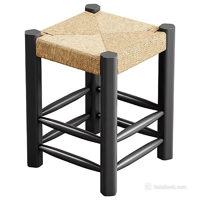 Stylish Bar Stool With Black Wooden Legs And Woven Seat Design 3d model 