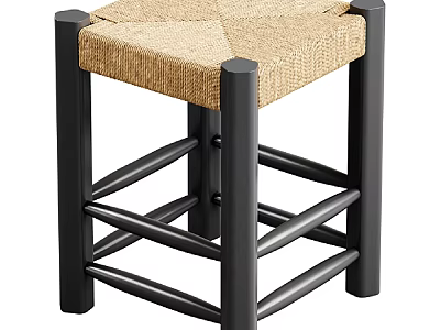Stylish Bar Stool With Black Wooden Legs And Woven Seat Design 3d model