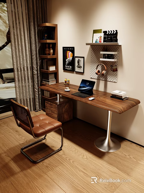 Modern Wooden Desk With Laptop Leather Chair Wall Shelf And Decorative Posters 3d model 