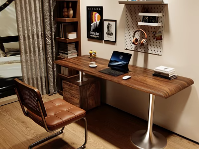 Modern Wooden Desk With Laptop Leather Chair Wall Shelf And Decorative Posters 3d model